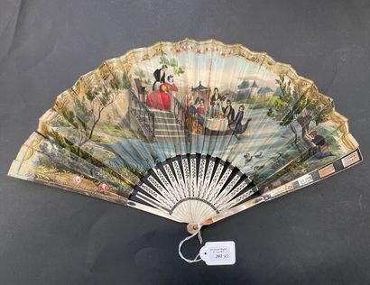 null Two fans, circa 1830 *Pagoda, folded fan, the paper sheet engraved and enhanced...