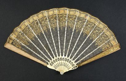 null Sequins, circa 1800-1810
Folded fan, the tulle leaf embroidered with gold and...