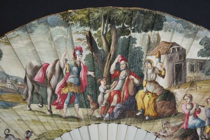 null Diogenes, circa 1700
Folded fan, the leaf in skin, mounted in English, and painted...