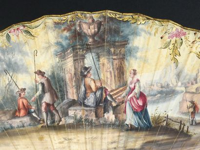 null Ruines antiques, vers 1750
Éventail plié, la feuille en peau, montée à l'anglaise,...