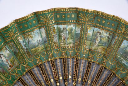 null Donzel, Les amours, circa 1900
Folded fan, the sheet of green silk and black...