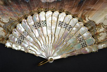 null The Arrival of a Friend, circa 1900
Folded fan, the skin sheet painted with...