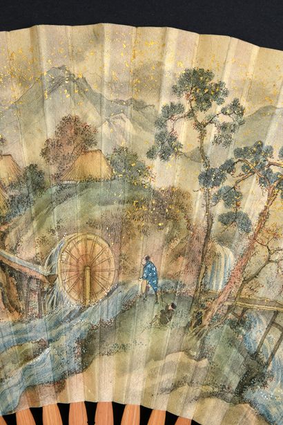 null Le moulin à eau, Japon, vers 1900
Éventail plié, la feuille double en soie peinte...