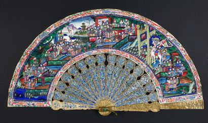 null Gilded filigree, China, 19th century Folded fan, the double sheet of paper painted...
