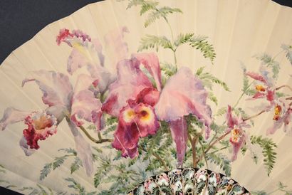 null François Rivoire (1842-1919), Cattleya, circa 1890. Large folded fan, the leaf...