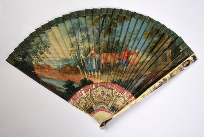 null The hunting love, circa 1700-1720
Broken type fan in ivory* painted with a large...