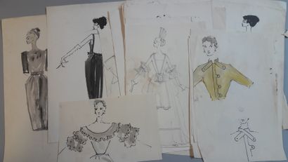 Serge MATTA Set of 38 fashion sketch projects and fantasy illustrations, circa 1960,...