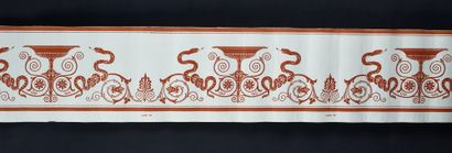  Deux frises de papiers peints, milieu du XIXe siècle, impressions à la planche ;...