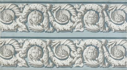  Wallpaper frieze, Restoration period, printed in grisaille on blue-grey brushed...