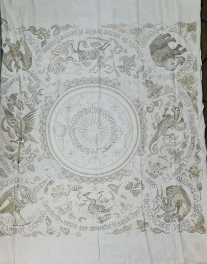 null 
Panneau brodé, milieu du XXe siècle, toile de lin crème brodée en plein en...