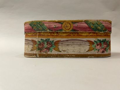  A beechwood box covered with an iridescent wallpaper with rosettes in grisaille,...