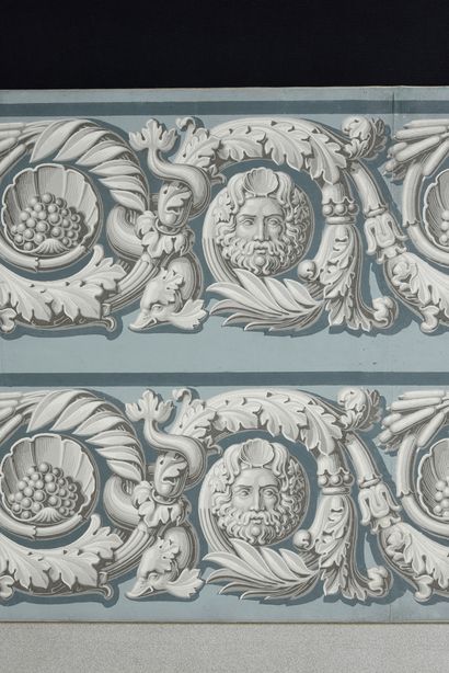 null Wallpaper frieze, Restoration period, printed in grisaille on blue-grey brushed...