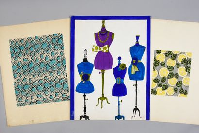  Ensemble de maquettes d'étoffes pour la mode, 1950-1970 environ, gouache et encre...