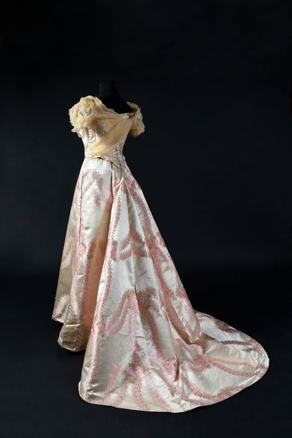 Ball gown signed Worth, (illegible claw number) circa 1895, dress in polychrome...