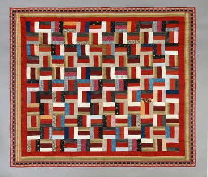 null Quilt, 20th century, geometric block design in strips of cotton canvas with...