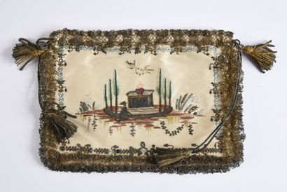  Emotional embroidered reticule, late 18th century, gros de Tours cream embroidered...