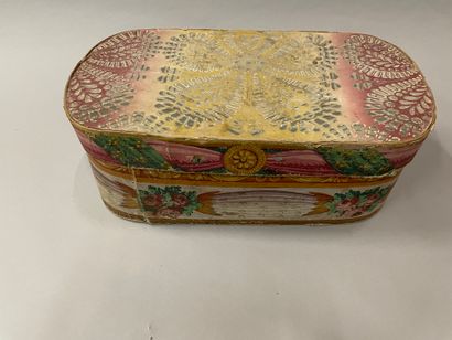 A beechwood box covered with an iridescent wallpaper with rosettes in grisaille,...