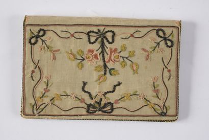  Embroidered pouch, Louis XVI period, cream gros de Tours, decorated with bouquets...