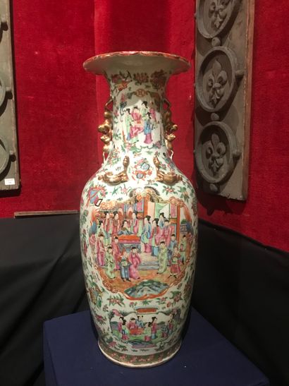 
A large Canton porcelain vase with palace...
