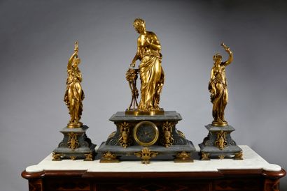 null Turquin blue marble and gilded bronze mantel set, composed of a clock with neo-renaissance...
