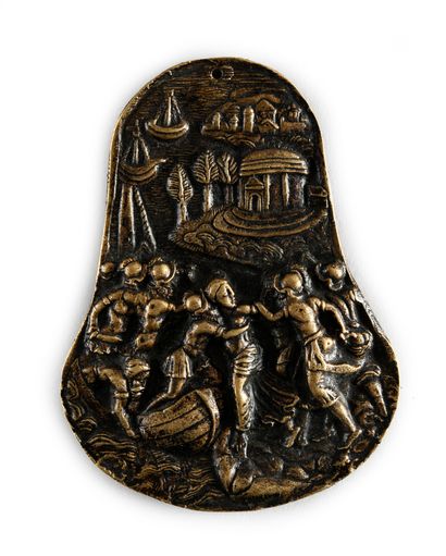 Pays-Bas, milieu du XVIIe siècle 
Plaquette en bronze représentant l'enlèvement d'Hélène...