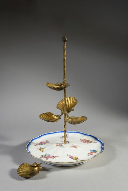  An 18th century Vincennes porcelain shell tray with a later gilt metal mount with...