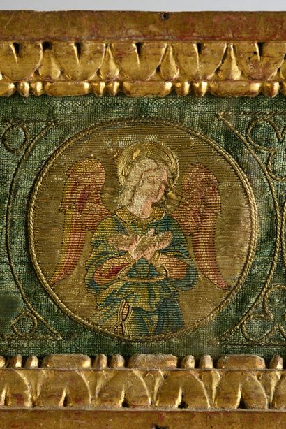 null The Annunciation, panel composed of four embroidered medallions.
Italy, first...