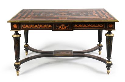 null Middle table in blackened wood with inlaid decoration of foliage, flower basket...