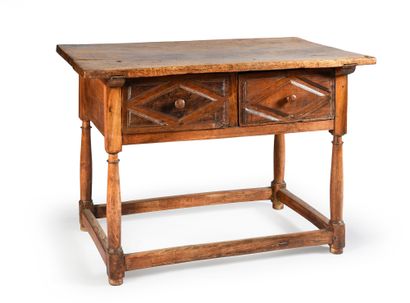 ESPAGNE, XVIIe siècle 
Table en noyer avec deux tiroirs en ceinture ; piètement en...
