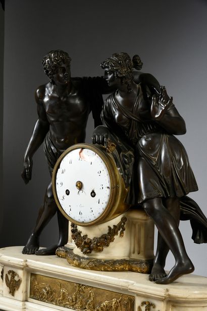 null An important white marble clock, the movement resting on a fluted sheath decorated...