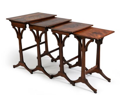 Emile GALLÉ Set of four nesting tables "Paysage de Bretagne". 
 Inlaid decoration...