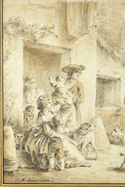 Jean Baptiste HUET (1745-1811) 
Peasant scene
Graphite and wash.
Signed and dated...