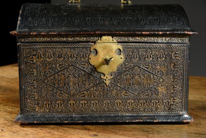 null Wedding box with oak core covered with chased leather and gilded with small...