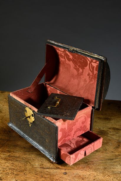 null Wedding box with oak core covered with chased leather and gilded with small...