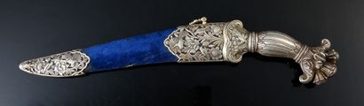 null Khanjar with carved silver handle forming five lotus buds, hilt engraved with...