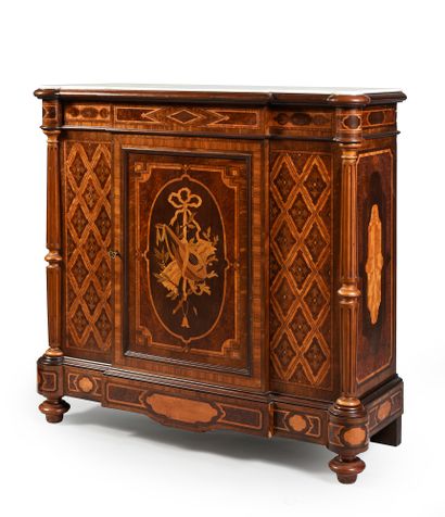 null Veneered furniture with inlaid music trophy decoration on a lattice background,...