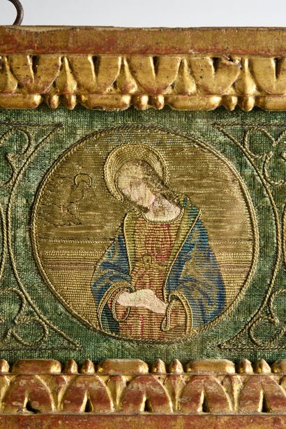 null The Annunciation, panel composed of four embroidered medallions.
Italy, first...