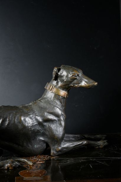 null Chased and patinated bronze greyhound, shown lying with his head slightly turned...