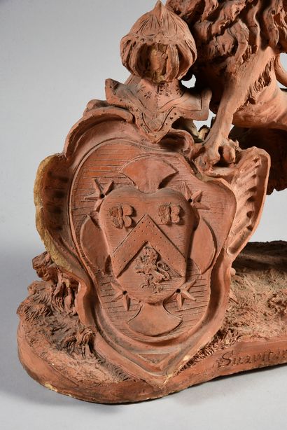 École FLAMANDE du XIXe siècle 
Heraldic lion holding a shield.
Terracotta.
H. : 42...