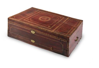 Large red morocco travel chest with small...