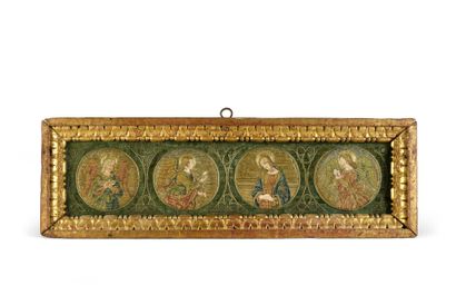 null L'Annonciation, panneau composé de quatre médaillons d'orfrois brodés.
Italie,...