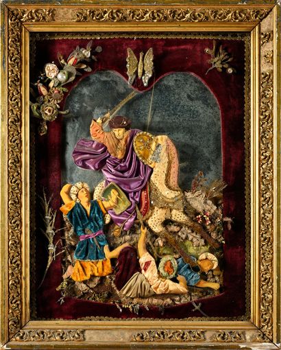 Espagne, XIXe siècle 
Paire de tableaux en relief avec composition textile représentant...