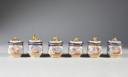  Six 18th century Sèvres porcelain juice jars and lids, the later decoration Blue...