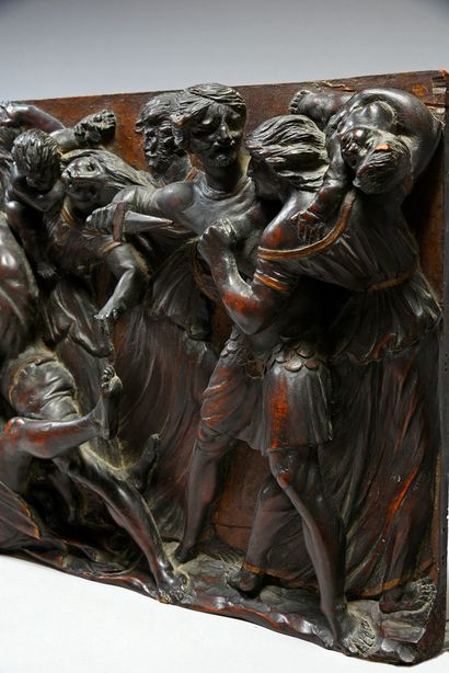 Italie, Rome, seconde moitié du XVIe siècle 
Grand panneau de cassone en noyer sculpté...