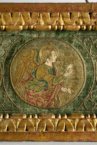 null The Annunciation, panel composed of four embroidered medallions.
Italy, first...