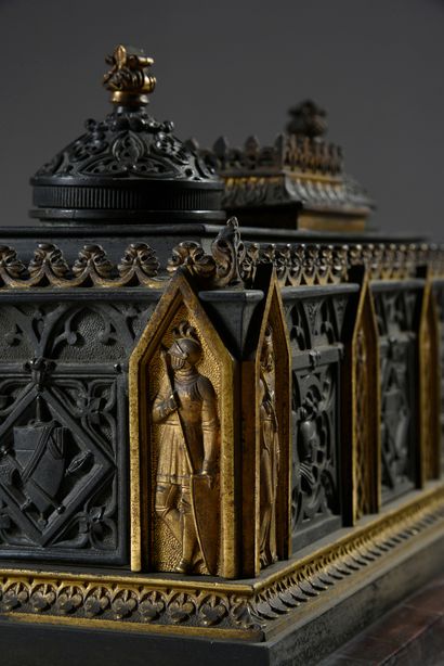 null A large rectangular chased bronze inkwell, patinated and gilded with neo-Gothic...