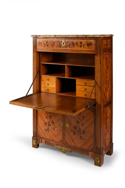 null A straight rosewood veneered desk decorated with flowering branches in violet...