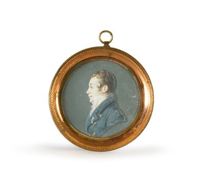 École FRANÇAISE du début du XIXe siècle Profile of a man in a blue frock coat wearing...