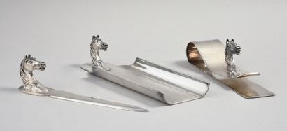 HERMES Silver plated metal desk set with guilloche decoration, decorated with horse...