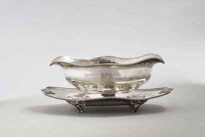 Sauceboat with adhering tray in silver 925e,...